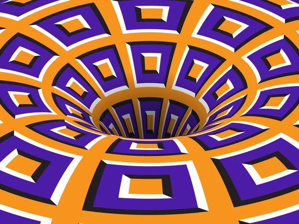 Agujero giratorio de movimiento naranja púrpura cuadrados ornamento. Fondo de ilusión óptica vectorial . — Archivo Imágenes Vectoriales