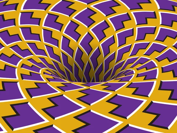 Rotierendes Loch aus beweglichen lila gelben Pfeilen. Vektor optische Täuschung Hintergrund. — Stockvektor