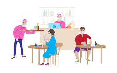 Coronavirüs salgını sırasında Cafe 'nin yeniden açılması. Kafedeki çizgi film sahnesi, barmen, garson ve tıbbi maskeli ziyaretçiler. Masalar, sandalyeler ve içkilerle dolu bir bar tezgahı. Vektör illüstrasyonu.
