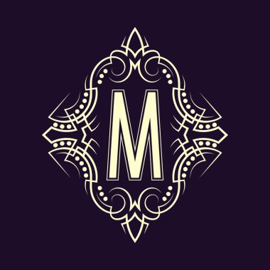 M harfli zarif monogram tasarımı. İş amblemi, cazibe rozeti, klasik ilk etiket şablonu..