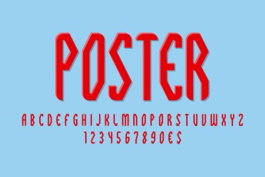 Poster sanatsal yazı tipi. Şık kırmızı harfler, rakamlar ve döviz tabelaları. İzole edilmiş vektör İngiliz alfabesi.