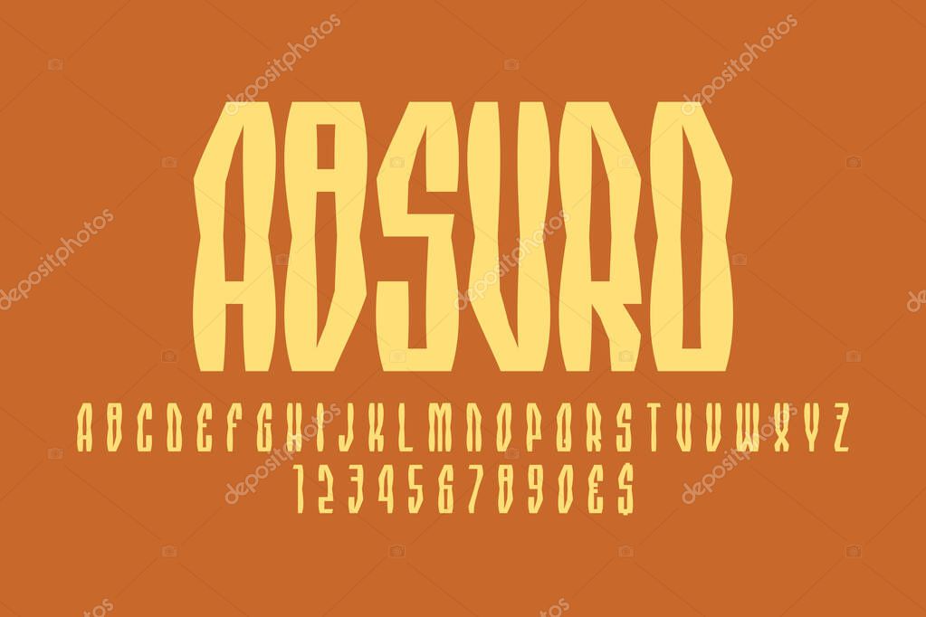 Absurd artistic display font. Modern letters, numbers and currency signs. Isolated english alphabet. Vector lettering.