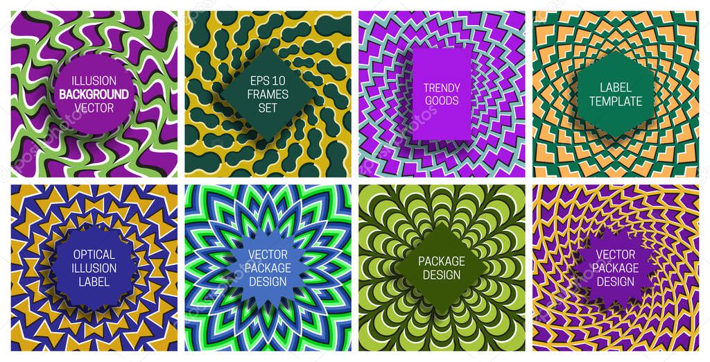 Set of frames on optical illusion backgrounds. Trendy labels templates for packaging design.