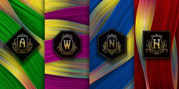 Luxury packaging design with golden monograms logos. Set of colored holographic labels templates for trendy goods.