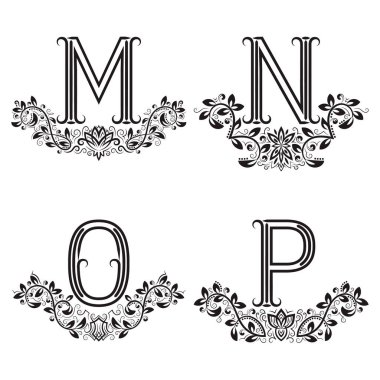 Çiçek çelenklerinde M, N, O, P vintage monogram. Şöhretli siyah harfler kümesi.