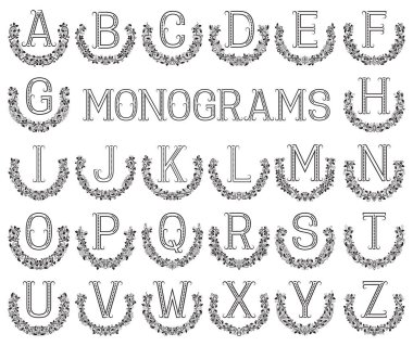 Monogram stamps set. Letters in semicircular floral frames. clipart