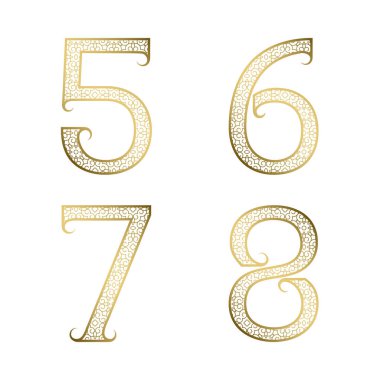 Five, six, seven, eight golden ornamental numbers with flourishes. Decorative patterned vintage font. clipart
