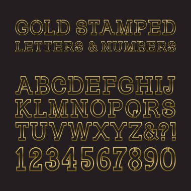 Altın damgalı harfler ve sayılar. Moda ve şık altın yazı tipi. Rakamlarla izole edilmiş Latince alfabe.