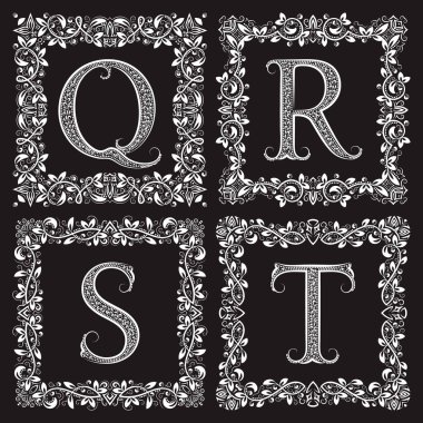 Dekoratif dekoratif monogram seti. Çiçek çerçeveli Q, R, S, T vintage harfleri.