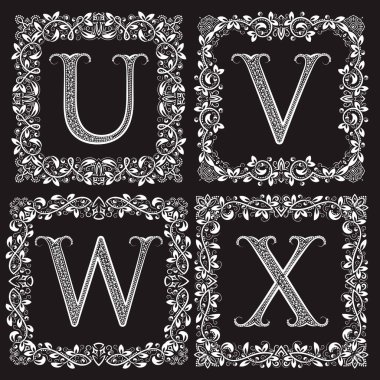 Dekoratif dekoratif monogram seti. Kare çiçek çerçeveli U, V, W, X vintage harfler.
