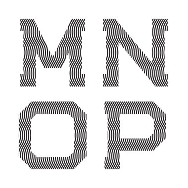 M, N, O, P siyah dalgalı harfler. Çizgili yazı tipi.