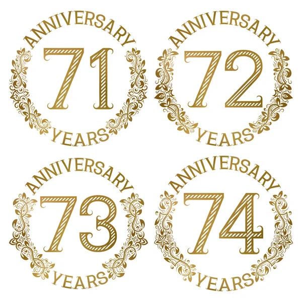 Conjunto Emblemas Aniversario Oro Setenta Uno Setenta Dos Setenta Tres — Vector de stock