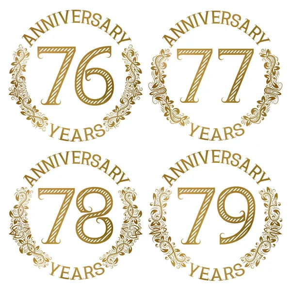 Conjunto Emblemas Aniversario Oro Setenta Seis Setenta Siete Setenta Ocho — Vector de stock
