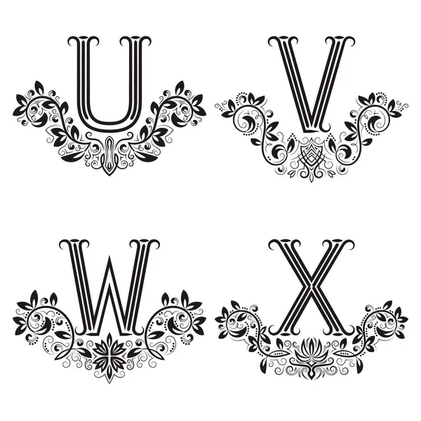 Vintage Monograms Floral Wreaths Set Black Letters Laurels — Stock Vector