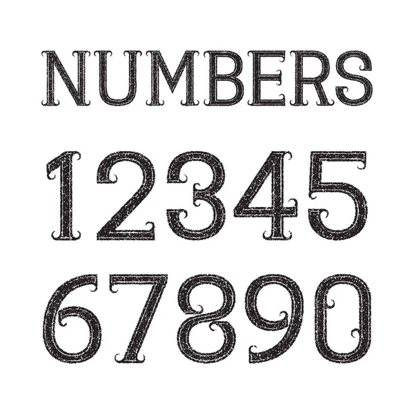 Black Numbers Grainy Texture Font Grunge Style — Stock Vector