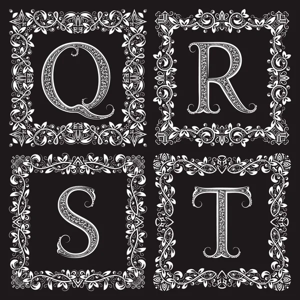 Decorative Ornate Monograms Set Vintage Letters Square Floral Frames — Stock Vector