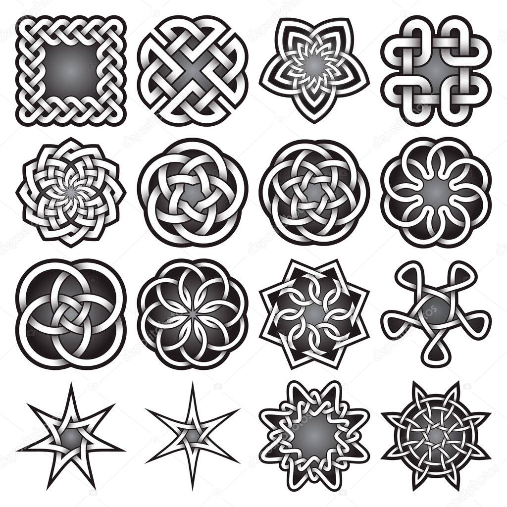 Set of abstract sacred geometry symbols in Celtic knots style. Tribal tattoo signs collection.