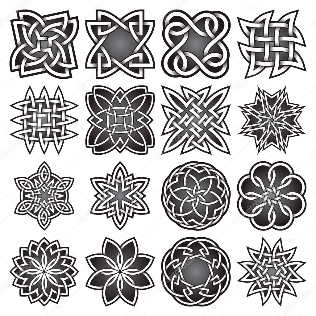 Set of abstract sacred geometry symbols in Celtic knots style. Tribal tattoo signs collection.