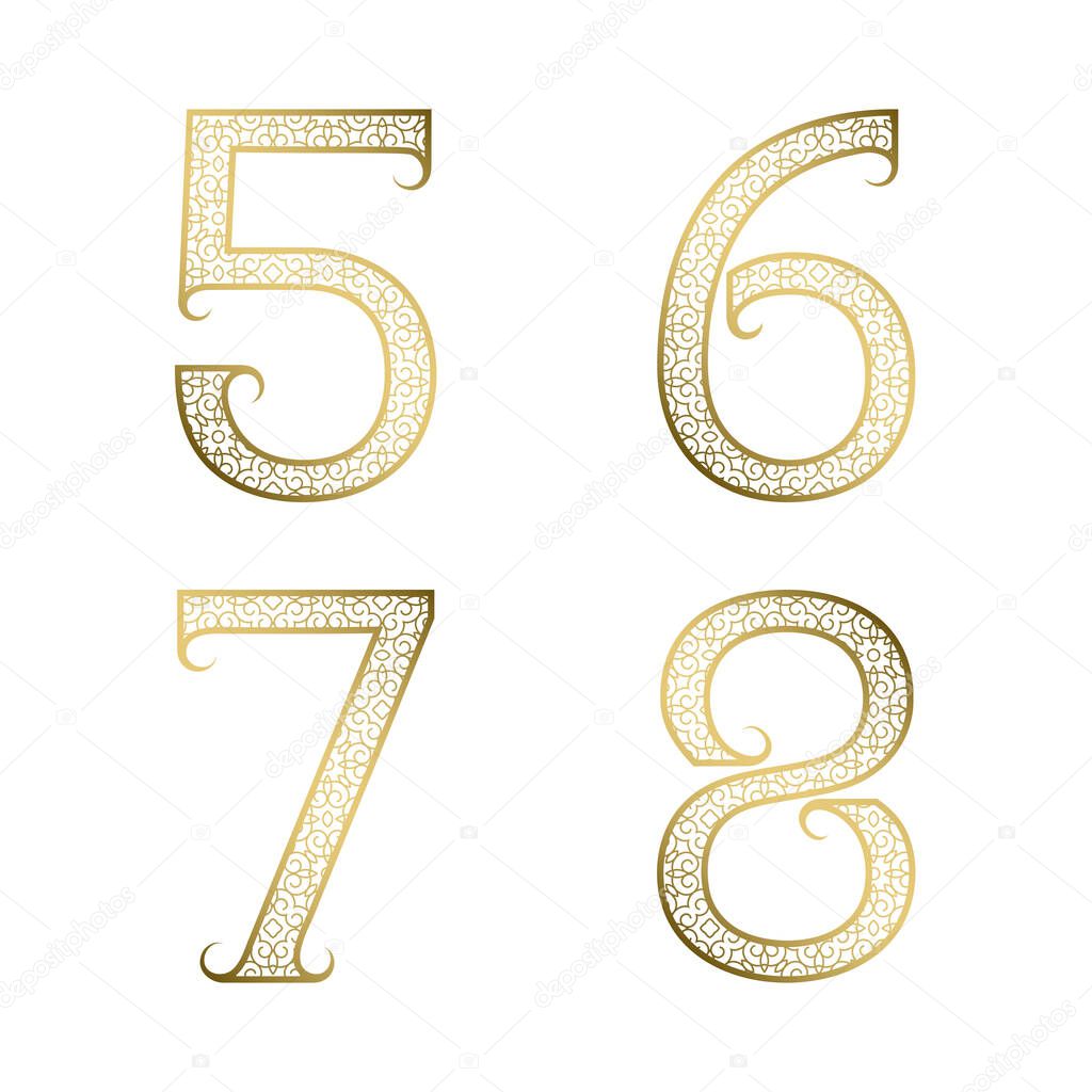 Five, six, seven, eight golden ornamental numbers with flourishes. Decorative patterned vintage font.