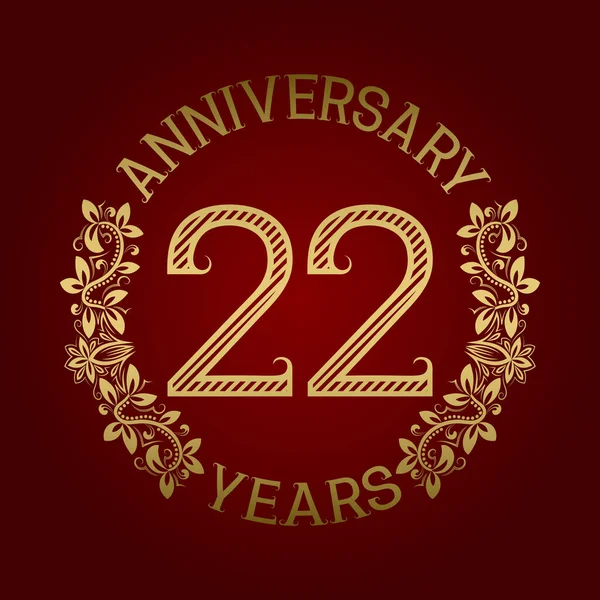 Emblema Oro Del Ventiduesimo Anniversario Celebrazione Segno Modellato Sul Rosso — Vettoriale Stock