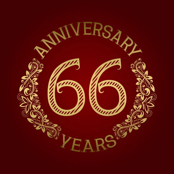 Golden Emblem Sixty Sixth Anniversary Celebration Patterned Sign Red — Stock Vector