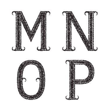 M, N, O, P siyah harfler. Grunge biçiminde yazı tipi.
