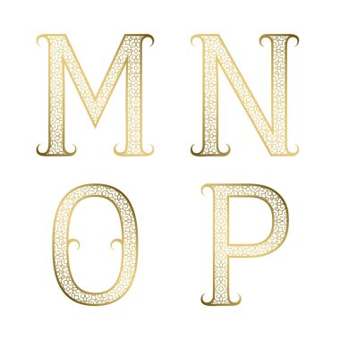 M, N, O, P altın süslü harflerle süslü. Dekoratif desenli vintage yazı tipi.