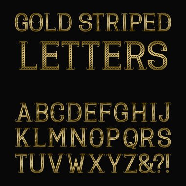 Şatafatlı altın çizgili harfler. Çapraz çizgili vintage yazı tipi. Şık Latin alfabesi.