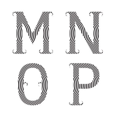 M, N, O, P siyah çizgili harflerle süslü. Zebra deseninin yazı tipi.