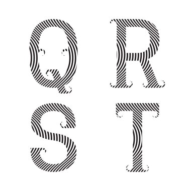 Q, R, S, T siyah çizgili harfler ve süslü harfler. Zebra deseninin yazı tipi.