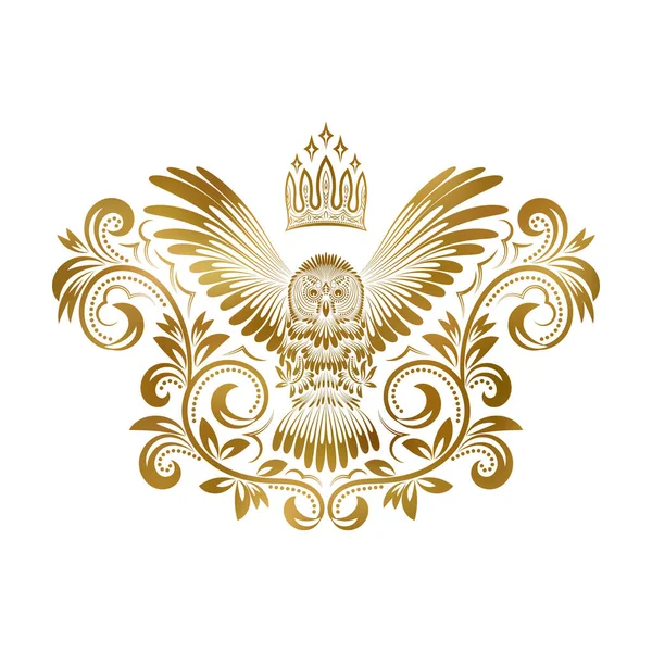 Μοτίβο Χρυσή Κουκουβάγια Απλωμένα Φτερά Εθνοτικό Οικόσημο Φυλετικό Τοτέμ Στυλ — Διανυσματικό Αρχείο