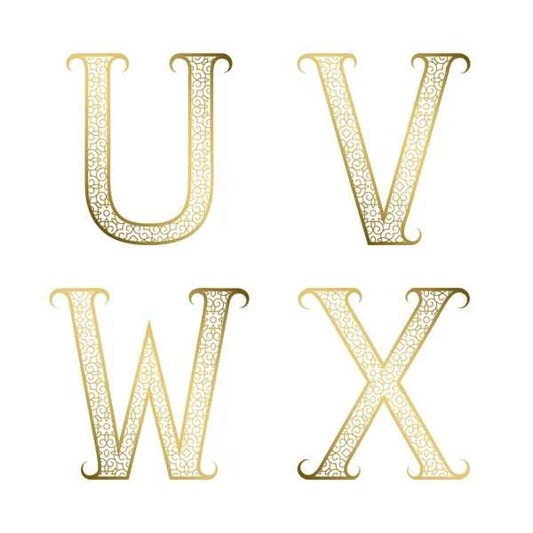 Gouden Sierletters Met Bloei Decoratieve Patroon Vintage Lettertype — Stockvector