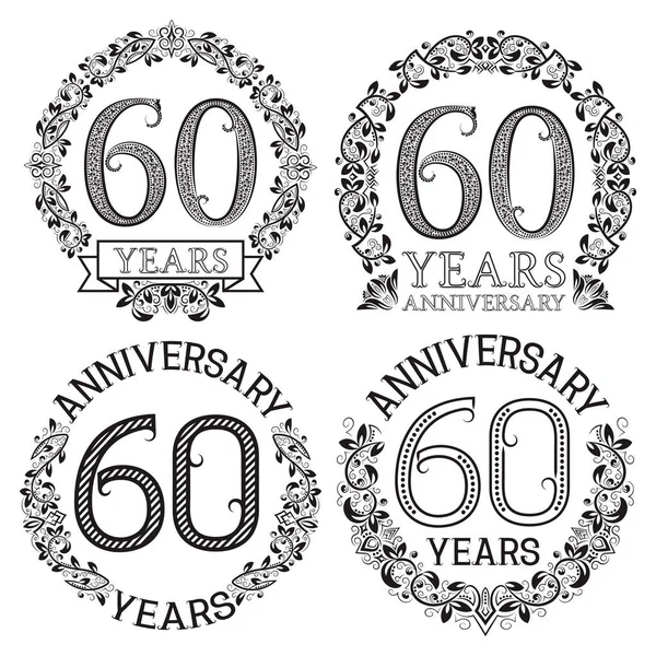 Sixtieth Anniversary Emblems Set Patterned Celebration Signs Vintage Style — Stock Vector