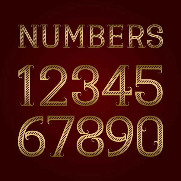 Números Listrados Dourados Com Floreios Listras Diagonais Vintage Fonte — Vetor de Stock
