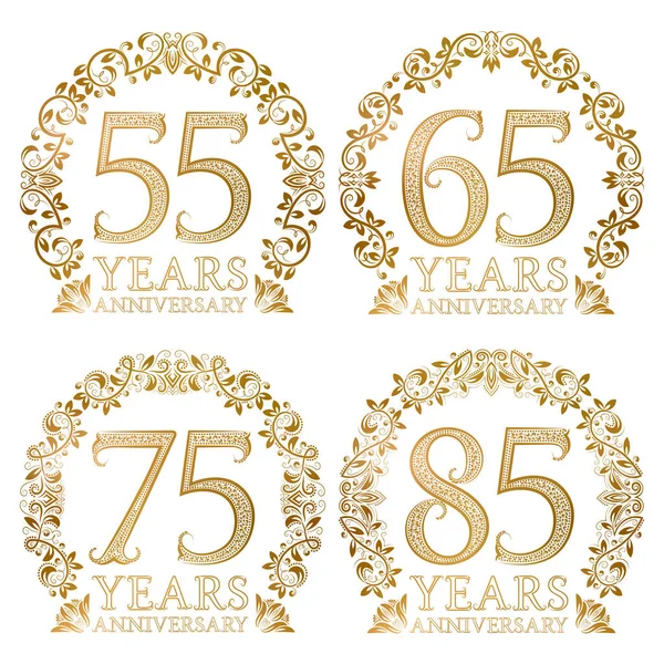 Conjunto Sellos Aniversario Oro Años Signos Estilo Vintage — Vector de stock