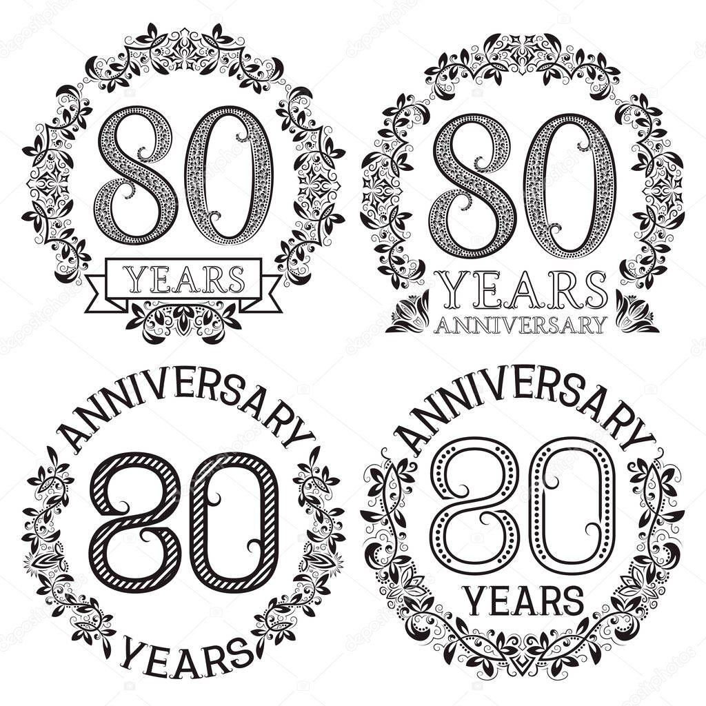 Eightieth anniversary emblems set. Patterned celebration signs in vintage style.