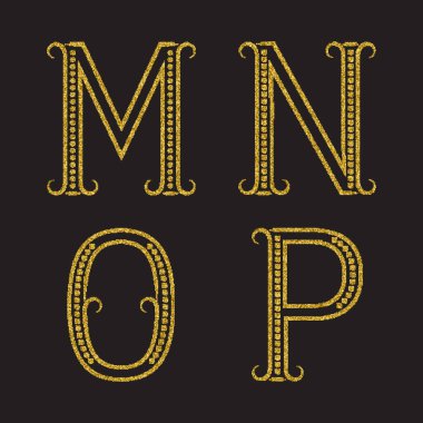M, N, O, P altın harfli parlayan noktalar. Gösterişli sanatsal bir yazı tipi..