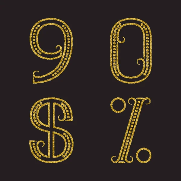 Nine Zero Golden Numbers Dollar Percent Sign Sparkling Dots Artistic — Stock Vector