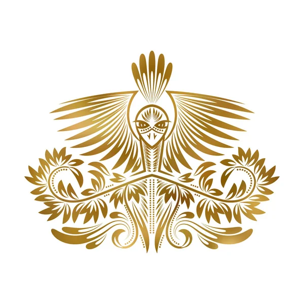 Gemusterter Goldener Pfau Mit Ausgestreckten Flügeln Ethnische Wappen Totemstil Der — Stockvektor