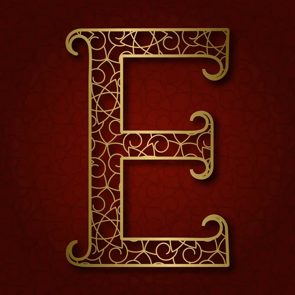Letra Ornamental Dorada Con Florituras Sobre Fondo Rojo Estampado — Vector de stock