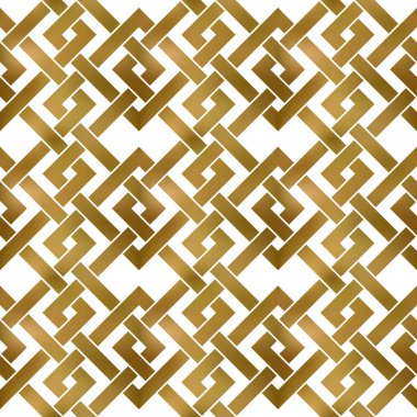 Altın burkulmuş şeritlerin soyut tekrarlanabilir desen arka planı. Birbirlerine dolanmış altın zigzag bantları. Modern stilde kusursuz desen.