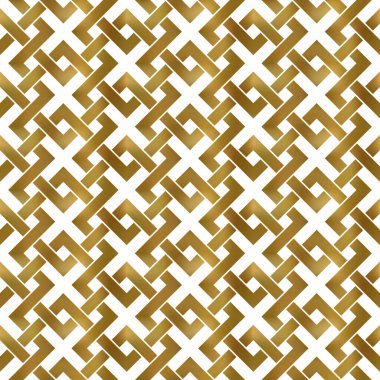 Altın burkulmuş şeritlerin soyut tekrarlanabilir desen arka planı. Birbirlerine dolanmış altın zigzag bantları. Modern stilde kusursuz desen.