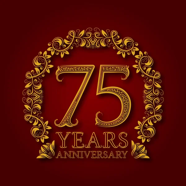 Emblema Oro Setenta Cinco Años Aniversario Logotipo Con Estampado Celebración — Vector de stock