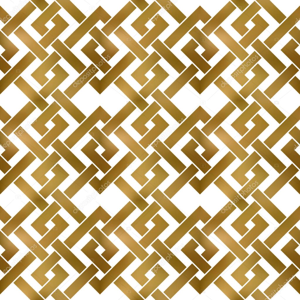 Abstract repeatable pattern background of golden twisted strips. Swatch of gold intertwined zigzag bands. Seamless pattern in modern style.