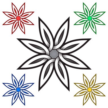 Kelt tarzında sekiz taç yapraklı çiçek logosu. Kabile dövmesi sembolü. Mücevher tasarımı için gümüş pul ve kırmızı, yeşil, mavi ve altın rengi örnekleri.