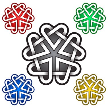 Pentagon mandala logo şablonu Kelt tarzında. Kabile dövmesi sembolü. Mücevher tasarımı için gümüş pul ve kırmızı, yeşil, mavi ve altın rengi örnekleri.