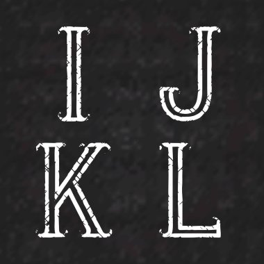 Ben, J, K, siyah mermer bir yüzey üzerinde eski püskü beyaz boya harfleri. Çatallı yazı tipini özetle. Grunge biçimi yaz.