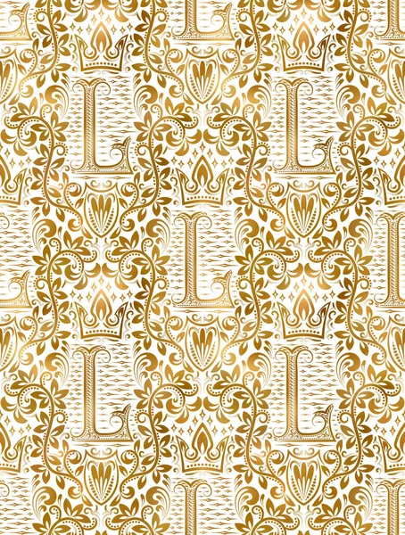 ゴールデンホワイトヴィンテージシームレスパターン ゴールドロイヤル古典的なバロックの壁紙 ヴィクトリア朝の背景装飾 — ストックベクタ