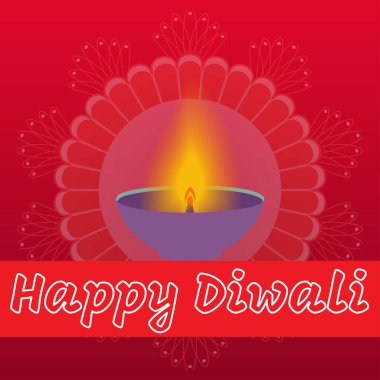 Renkli Diwali selamı, parlak mor bir yağ lambası (diya) ile karışık bir mandala tasarımına sahip canlı kırmızı bir arka plan. Deepavali 'yi kutlamak, sıcaklığı, şenliği ve Hint kültürünü aktarmak için ideal.