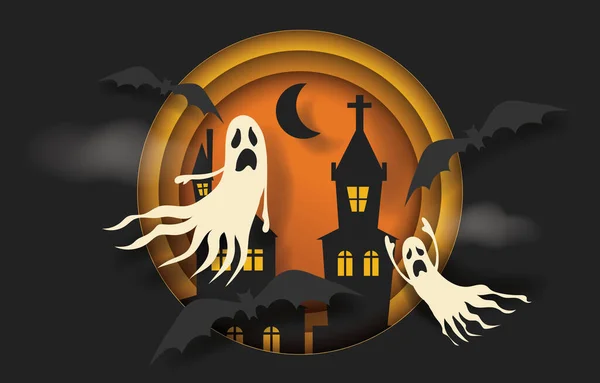 Happy Halloween Banner Party Uitnodiging Achtergrond Met Pompoenen Vleermuis Geest — Stockvector